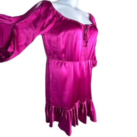 Hale Bob Fuschia Silk Mini Dress Cold-Shoulder Ruffle Hem & Tie Waist Size Small - Picture 5 of 9